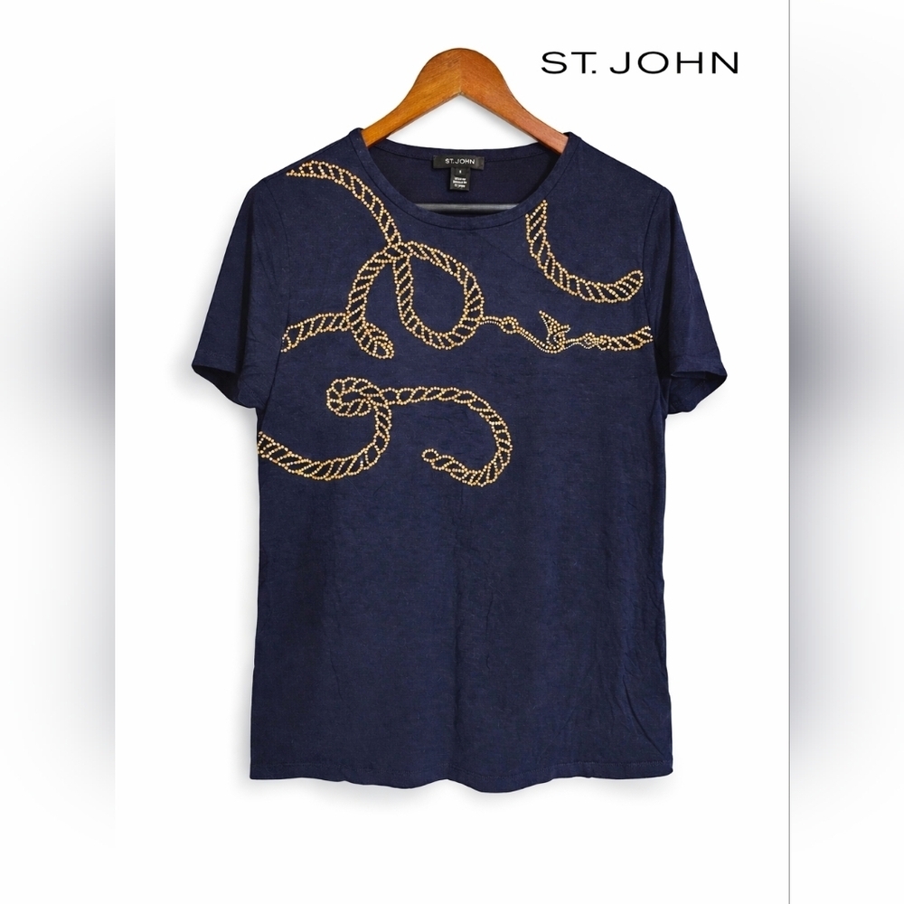 St. John Navy Beaded Rope Print Top Size S Stretch Viscose Designer Tee.